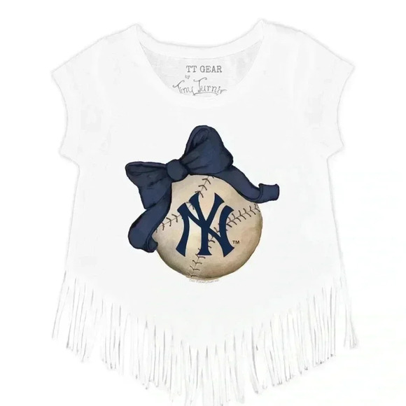 NWT • New York Yankees 3T Tiny Turnip White Baseball Bow Fringe T-Shirt - Picture 1 of 4